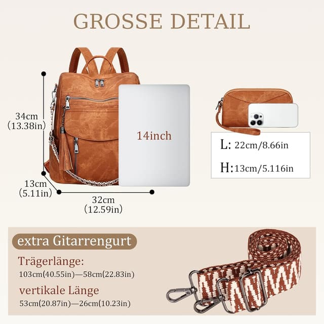 Detalle de LEASOUL Damen Rucksack-Set wasserdicht mit RFID-Schutz, veganem Leder und Diebstahl-Features