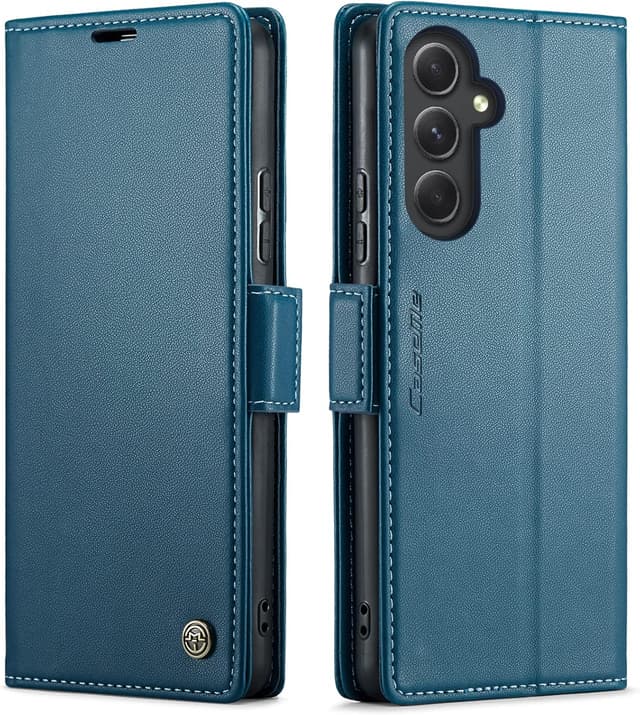 Detalle de QLTYPRI Hülle für Samsung Galaxy A55 5G – RFID-Flip-Case mit Kartenfach, Standfunktion und PU-Vintage-Look (blau)