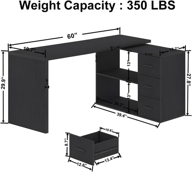 Detalle de HSH Eckschreibtisch in L-Form mit Schubladen, umkehrbar – großer Workstation-Arbeitsplatz (schwarz, 150 cm)