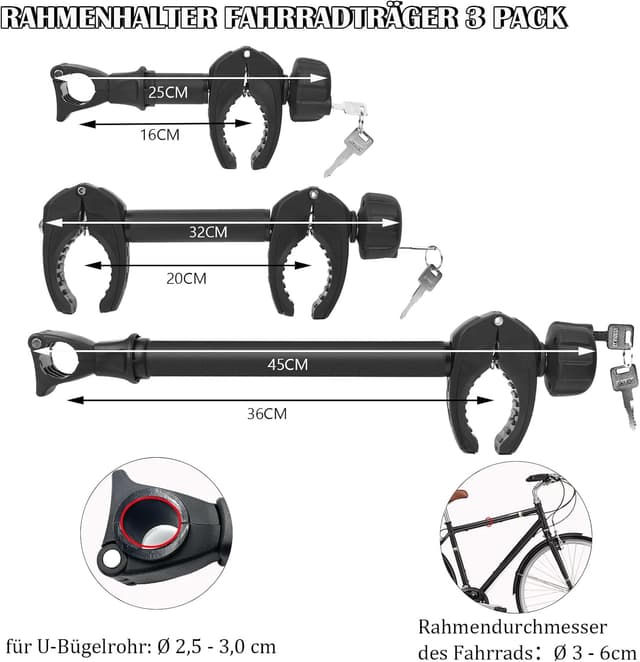 Detalle de Sorlpv Rahmenhalter für Fahrradträger (3 Stück) – 25/32/45 cm, abschließbar für U-Bügelrohre