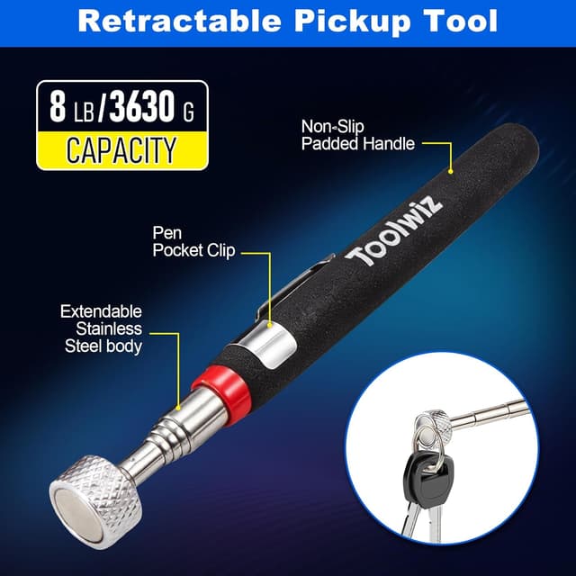 Detalle de Toolwiz 4-teiliges magnetisches Aufnahmewerkzeug-Set mit teleskopischen Magnetstäben und faltbarer Teileschale