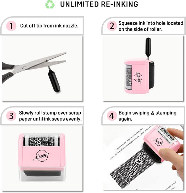 Detalle de Miseyo Identity Theft Protection Roller Stamp Set (Pink) with 6 Refill Ink