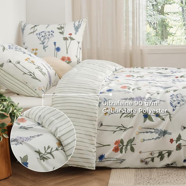 Detalle 2 de BEDSURE Wendebettwäsche 135x200 cm (4-teilig) mit Blumen-/Streifenmuster & Reißverschluss