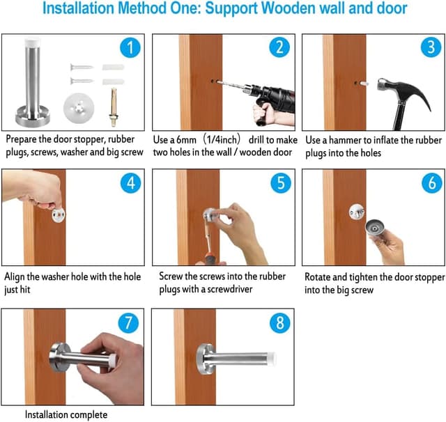 Detalle 2 de Chrome heavy-duty wall mounted door stop set (stainless steel, white rubber) – 6 pack