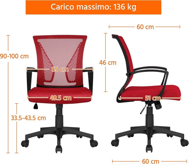 Detalle de Yaheetech Sedia da scrivania ergonomica 136 kg