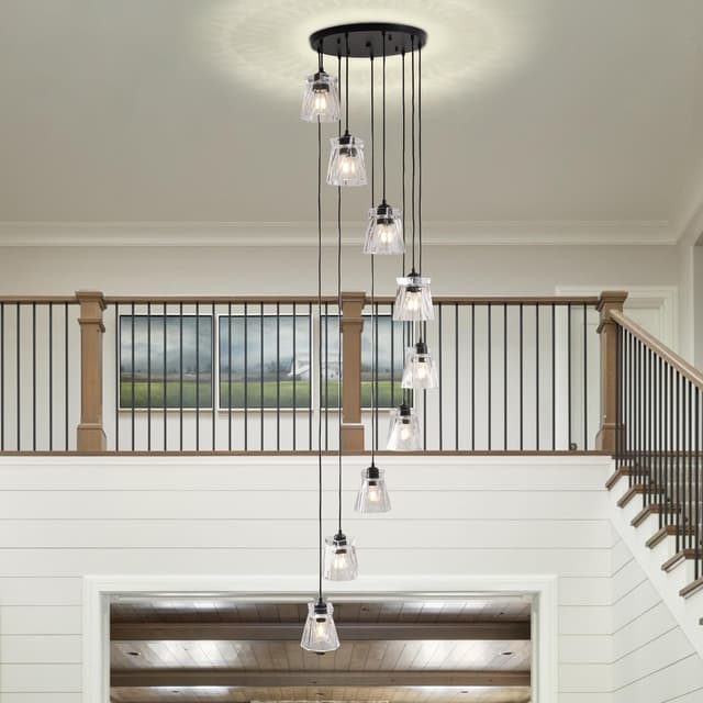 Detalle 2 de FRIXCHUR High Ceiling Long 9-Light Black Crystal Pendant Chandelier for Stairwells & Double-Height Spaces