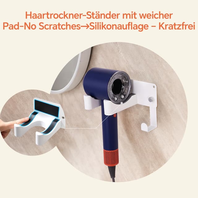 Detalle de CHOCHYAH Föhn Halterung ohne Bohren aus SUS304-Edelstahl – Wandhalterung für die meisten Haartrockner (weiß)