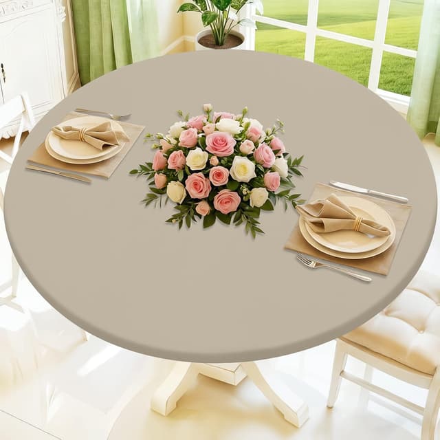 Detalle de Moosfor Round Spandex Tablecloth (Taupe) — Elastic Fitted Waterproof Cover for 45"–56" Tables