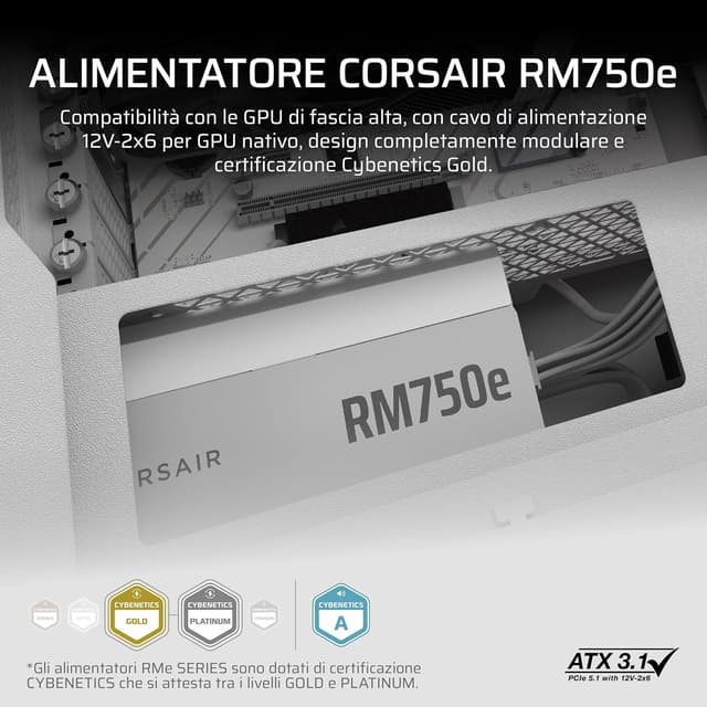 Thumbnail 1 de Corsair RM750e (2025) alimentatore ATX 750W completamente modulare ATX 3.1/PCIe 5.1, bianco