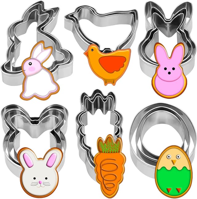 Detalle de 18-Piece Stainless Steel Easter Cookie Cutter Set (Bunny, Bunny Face, Rabbit, Egg, Chick, Carrot)