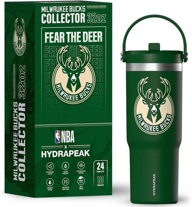Detalle de Hydrapeak x NBA 32 oz Stainless Steel Tumbler (Milwaukee Bucks) with Straw, Lid & Handle
