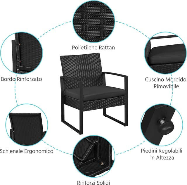 Thumbnail 6 de Yaheetech set mobili da giardino in poly rattan con 2 sedie e tavolino per balcone, nero con cuscini