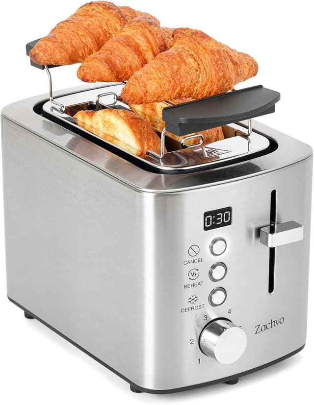 Detalle de Edelstahl 2-Scheiben-Toaster mit LED-Countdown & 3,5-cm-Schlitzen, 6 Bräunungsstufen und Brötchenaufsatz (silber)