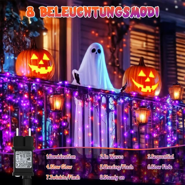 Detalle de Lincentra Halloween-Lichterkette außen 40 m (400 LEDs) Orange/Lila mit Timer & 8 Modi