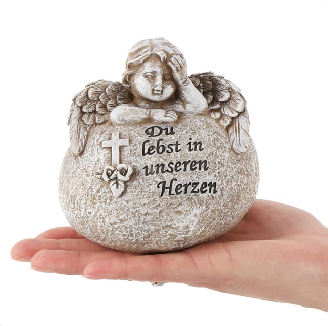 Detalle de com-four® decorazione tombale a cuore con angelo e iscrizione commemorativa “Angelo Tu vivi nei nostri cuori” (1 pezzo)