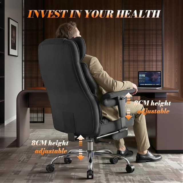 Detalle de Efomao Big and Tall Office Chair (200kg) with Footrest – heavy duty executive desk chair in black