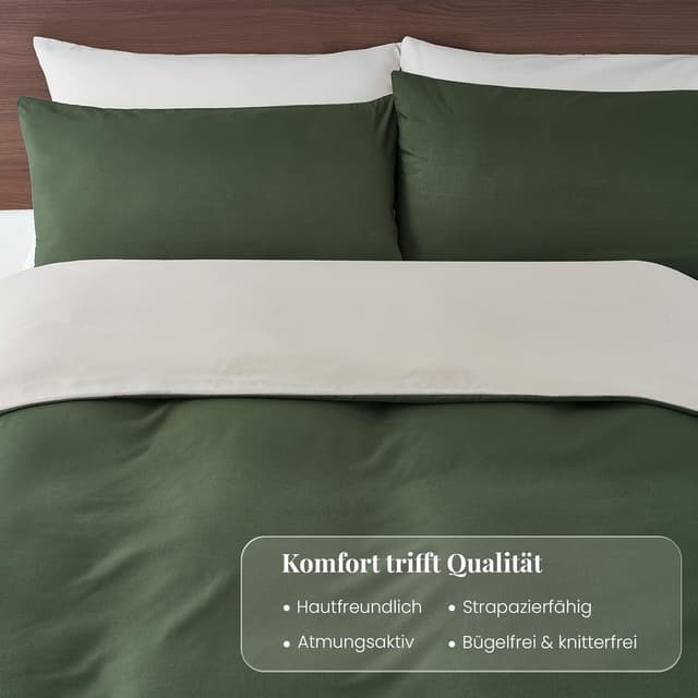 Detalle de Duvetnova Wendebettwäsche 200x200 (3-teilig) Olivgrün/Beige – Microfaser mit OEKO-TEX