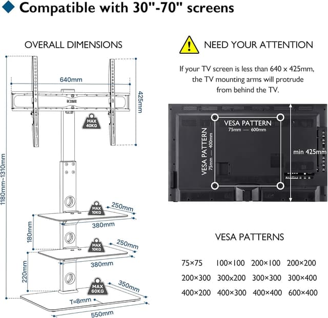 Thumbnail 4 de BONTEC Soporte Suelo TV 30-70" Ajustable con Estantes de Vidrio