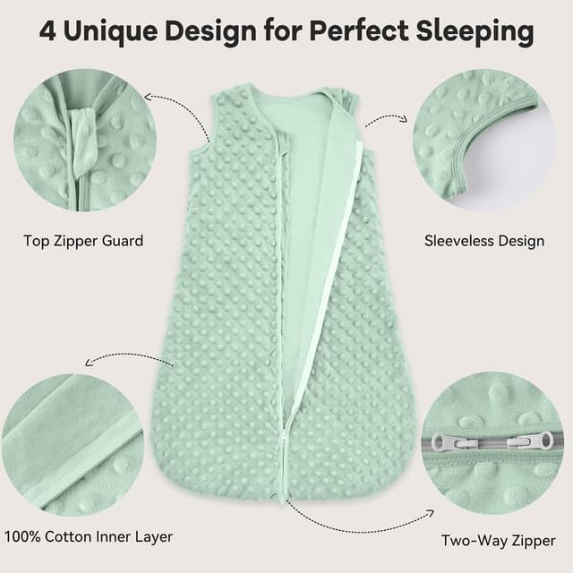 Detalle de Unnivoll Baby 1.5 Tog Sleeping Bag with Plush Dots (2 Pack) – Forest Green, 12–18 Months