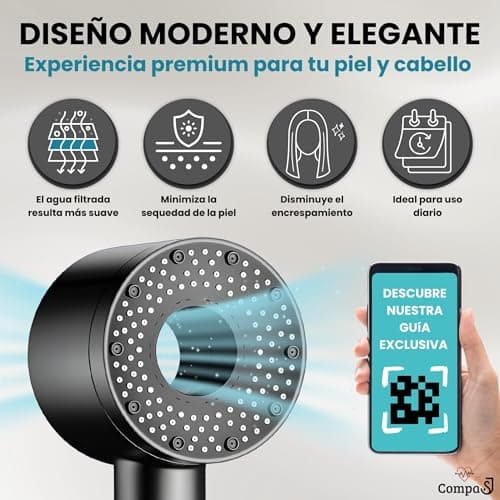 Detalle 2 de CompaSJ Alcachofa de ducha con filtro y alta presión (1,5 m) con 5 modos y 5 filtros antical + PTFE