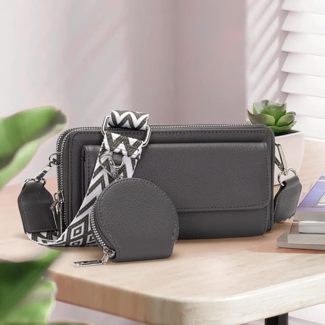 Detalle 2 de Snmoec Umhängetasche mit Kartenfächern, Münzbörse und Handyfach (bis 6,9 Zoll) – dunkelgrau