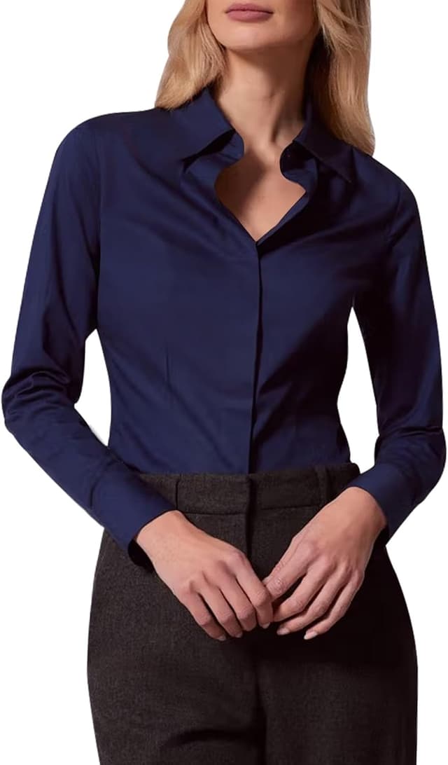 Detalle de J.VER Womens Long Sleeve Stretch Fitted Shirt – business casual work blouse