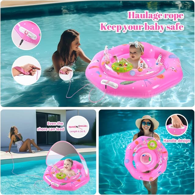 Detalle 2 de Baby Pool Float for 6-36 Months with UPF50+ Canopy, Adjustable Safety Seat, Toy Play Console & Safety Leash