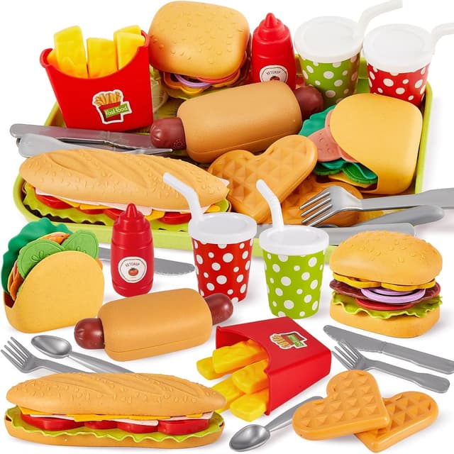 Detalle de BUYGER Pretend Play Toy Food Sets for Kids (Take Apart Hamburger, Fast Food Accessories) with Tray