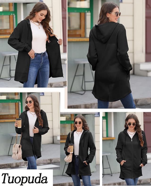 Detalle de Tuopuda Damen Sweatjacke lang mit Kapuze, Reißverschluss und Taschen – Übergangs- und Winter-Hoodie