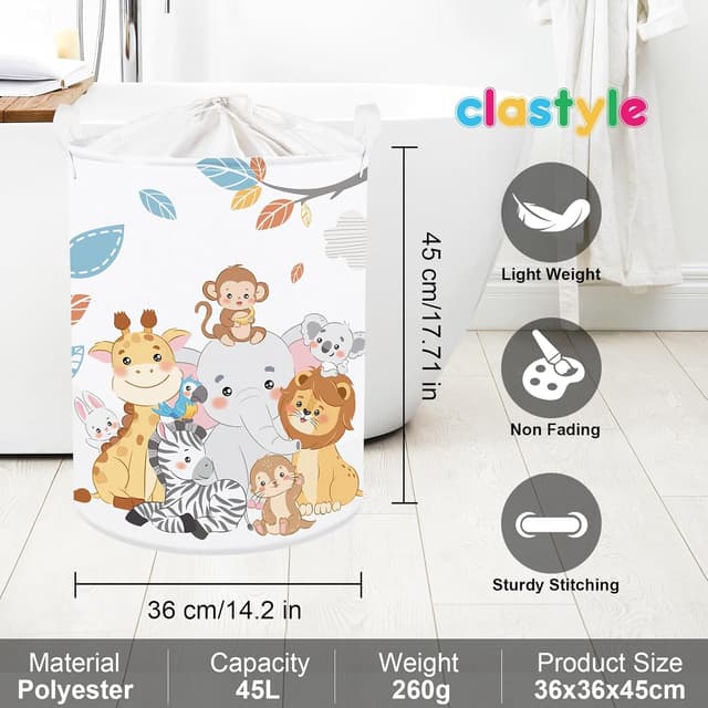 Detalle de Clastyle Tier Kinder Wäschekorb mit Henkel, faltbar – Löwe, Elefant, Koala & Sterne, 36x45 cm