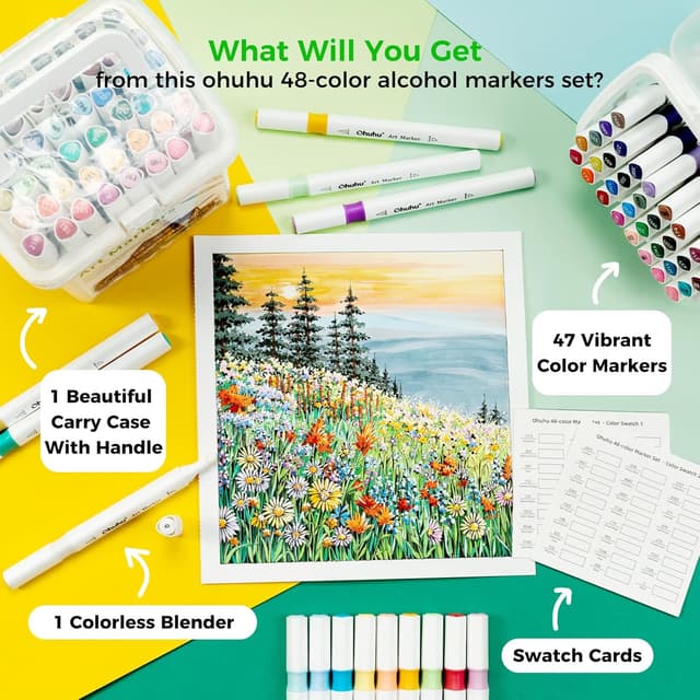 Thumbnail 6 de Ohuhu Alcohol Markers (48 Colour Brush Pens) – Double Tipped Brush & Chisel for Adult Colouring and Sketching