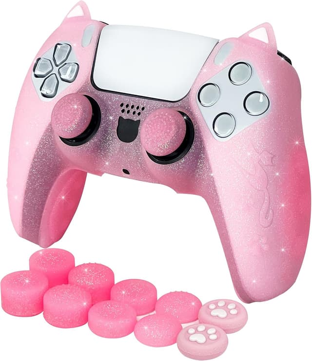 Detalle de HLRAO Pink Cat Glitter Anti-Slip Silicone Controller Skin Grip Set for PS5 (8 thumb grips and 2 paw grips)