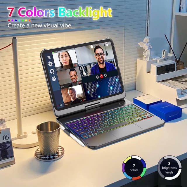 Detalle de FUWANG Touch Keyboard Case for iPad (A16) 11th Gen & iPad 10th Gen 10.9-inch (A2757/A2777/A2696) — 360° Rotating Backlit Keyboard Case, Black