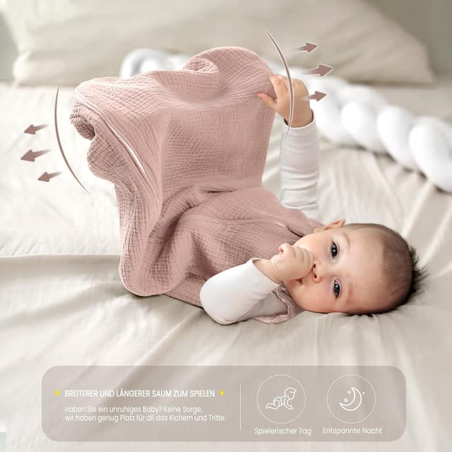 Detalle 2 de lulumoon Baby-Schlafsack (15–24 Monate) aus Musselin, 90 cm – doppellagig, mit YKK-Reißverschluss