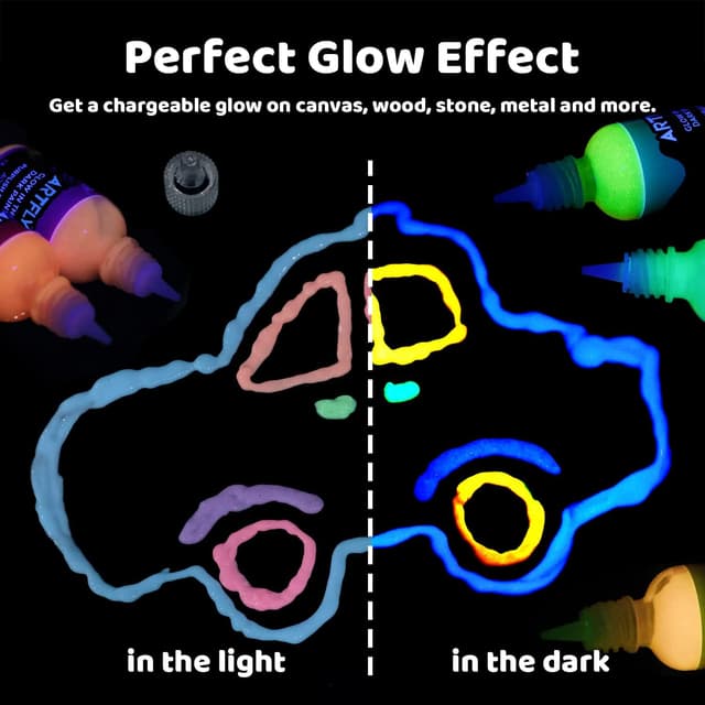 Detalle de ARTFLY Kit de peinture fluorescente acrylique brillante dans le noir – 12 couleurs (30 ml) pour DIY & décos