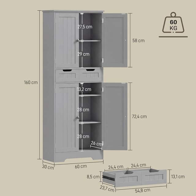 Detalle de HOMCOM Meuble de salle de bain avec tiroir et portes, étagère réglable, 60 x 30 x 160 cm (gris)