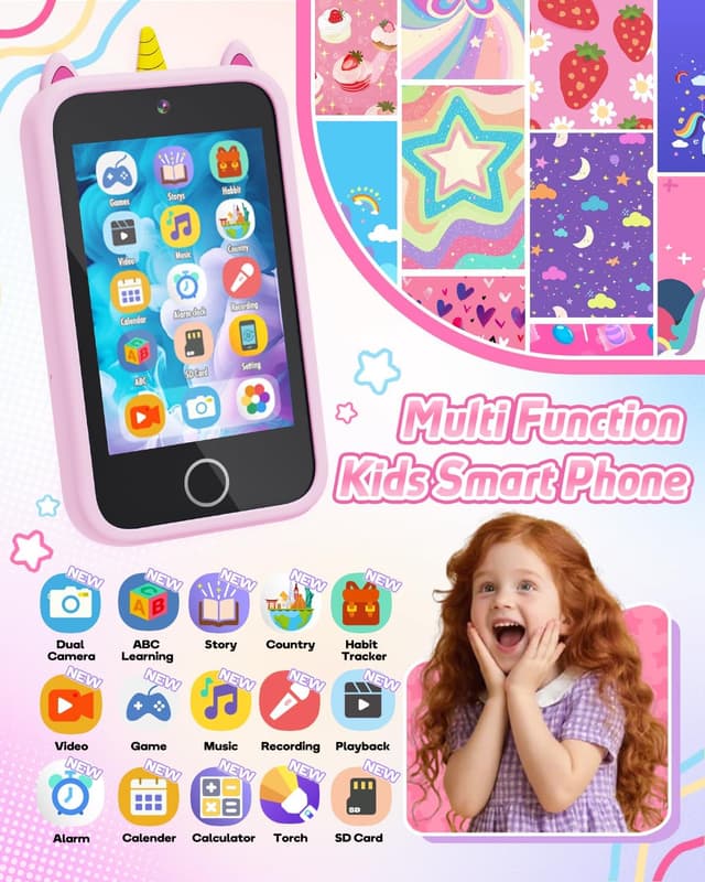 Detalle 2 de Kids Smart Phone Unicorn Toy Phone (3.5") for Girls 3–9+ with Dual Camera, Storytelling, Music Player