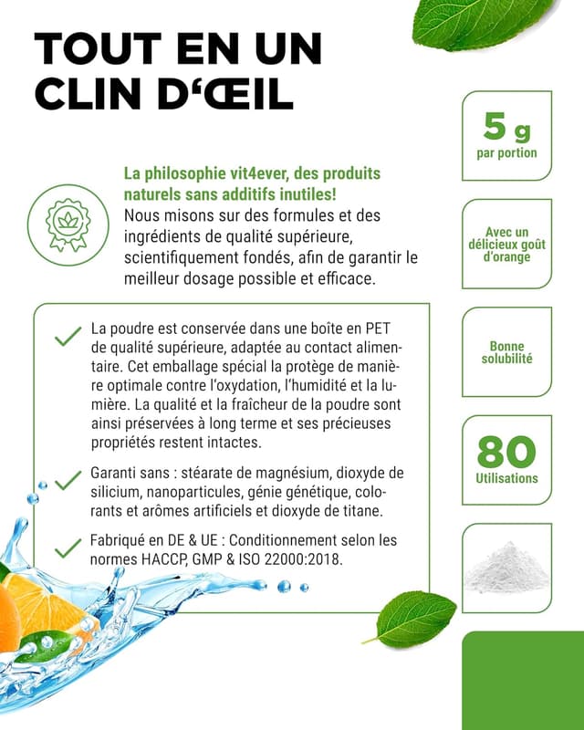 Detalle de Vit4ever Electrolytes vit4ever – 400 g (80 portions) goût orange, sans sucre, vegan