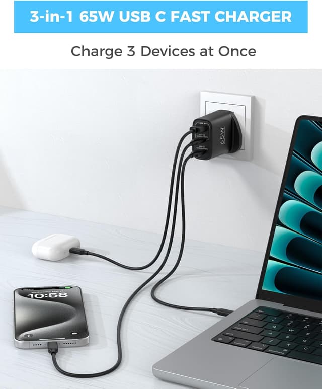Detalle de TOPADRE 65W USB-C Charger (3 Ports) with QC4.0/PPS/PD3.0, Black