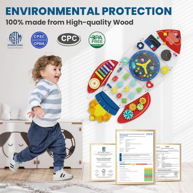 Detalle de BlueWood Wooden Wall Busy Board Panels (Rocket) — Montessori-inspired toddler learning activity center