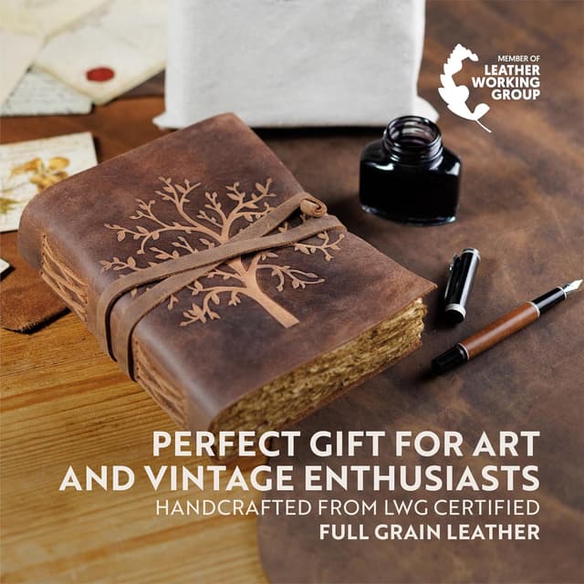 Detalle de moonster® Diario in Pelle Vintage Albero della Vita: 240 pagine bianche in carta di cotone, rilegato a mano