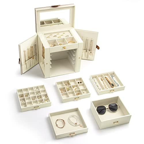 Detalle de KAMIER joyero para mujer grande con espejo, 6 niveles y 5 cajones (blanco y marrón)