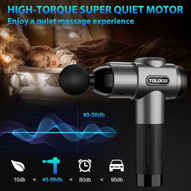 Detalle de TOLOCO Massage Gun (Deep Tissue Percussion Massager) with 10 Massage Heads, Silent Brushless Motor, Grey