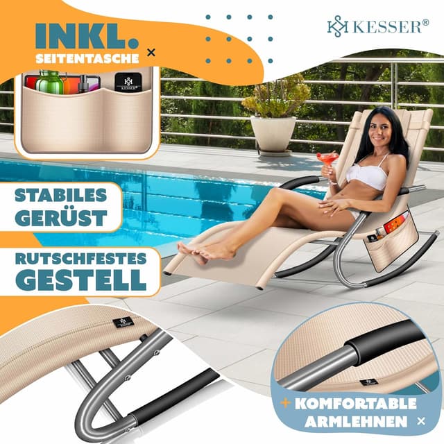 Detalle 2 de KESSER® Sonnenliege Relaxliege Schwungliege Gartenliege mit Seitentasche (beige) – belastbar bis 150 kg
