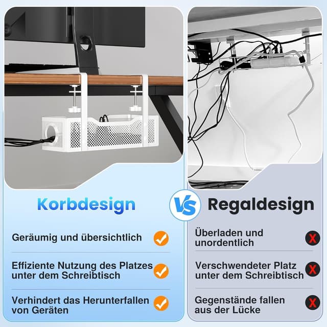 Detalle de Cinati Kabelmanagement-Ablage unter dem Schreibtisch – ohne Bohren (Weiß, 34 cm, 2er-Set)