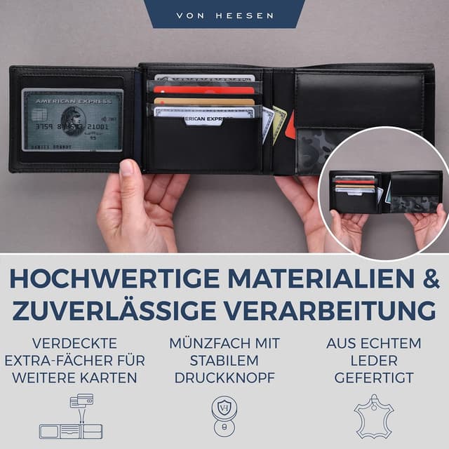 Detalle de VON HEESEN Leder-Geldbörse mit RFID-Schutz (Camouflage Grau) – Echtleder-Portemonnaie