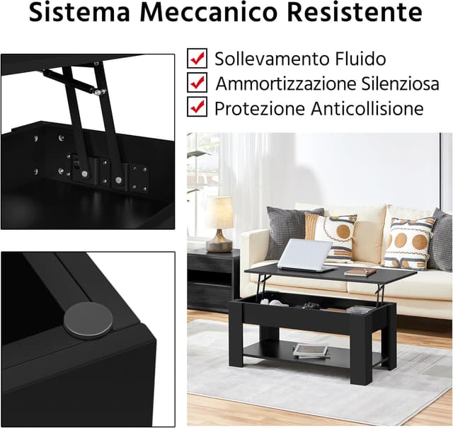 Detalle de Yaheetech Tavolino da caffè sollevabile elevabile per divano con ripiano inferiore 98 x 50 x 42-56 cm nero