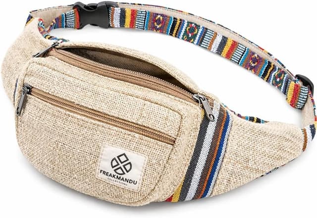 Detalle de Freakmandu Unisex Hanf Gürteltasche „Beatnik“ – verstellbare Fanny Pack zum Umhängen für Wandern, Laufen & Festival
