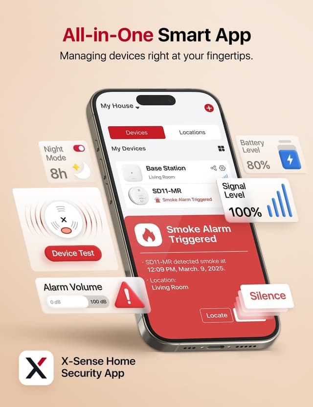 Detalle 2 de X-Sense Smart Smoke Alarm with SBS50 Base Station (SD11-MR31) — app alerts and wireless interlink