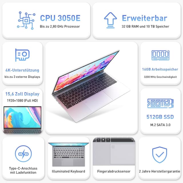 Detalle 2 de Auusda Laptop 15,6 Zoll (16 GB RAM, 512 GB SSD) mit Fingerabdrucksensor für Schule & Büro